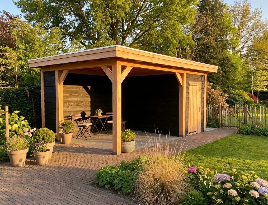 Houten veranda met berging in tuin